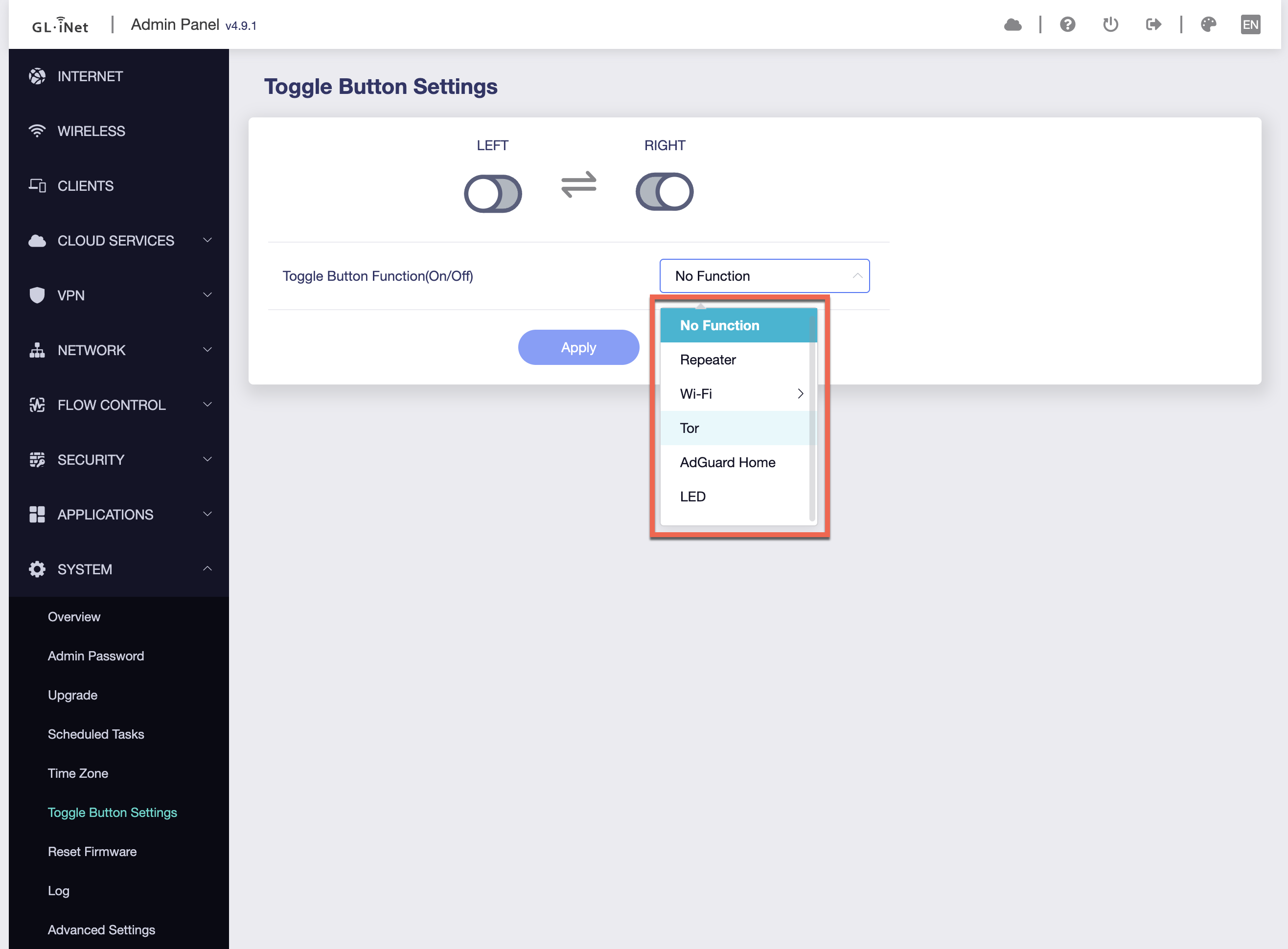 GL.iNet GL-MT3600BE Toggle Button Settings GL.iNet GL-MT3600BE Toggle Button Settings