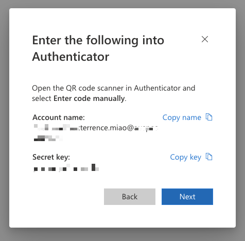 Enter the following into Authenticator