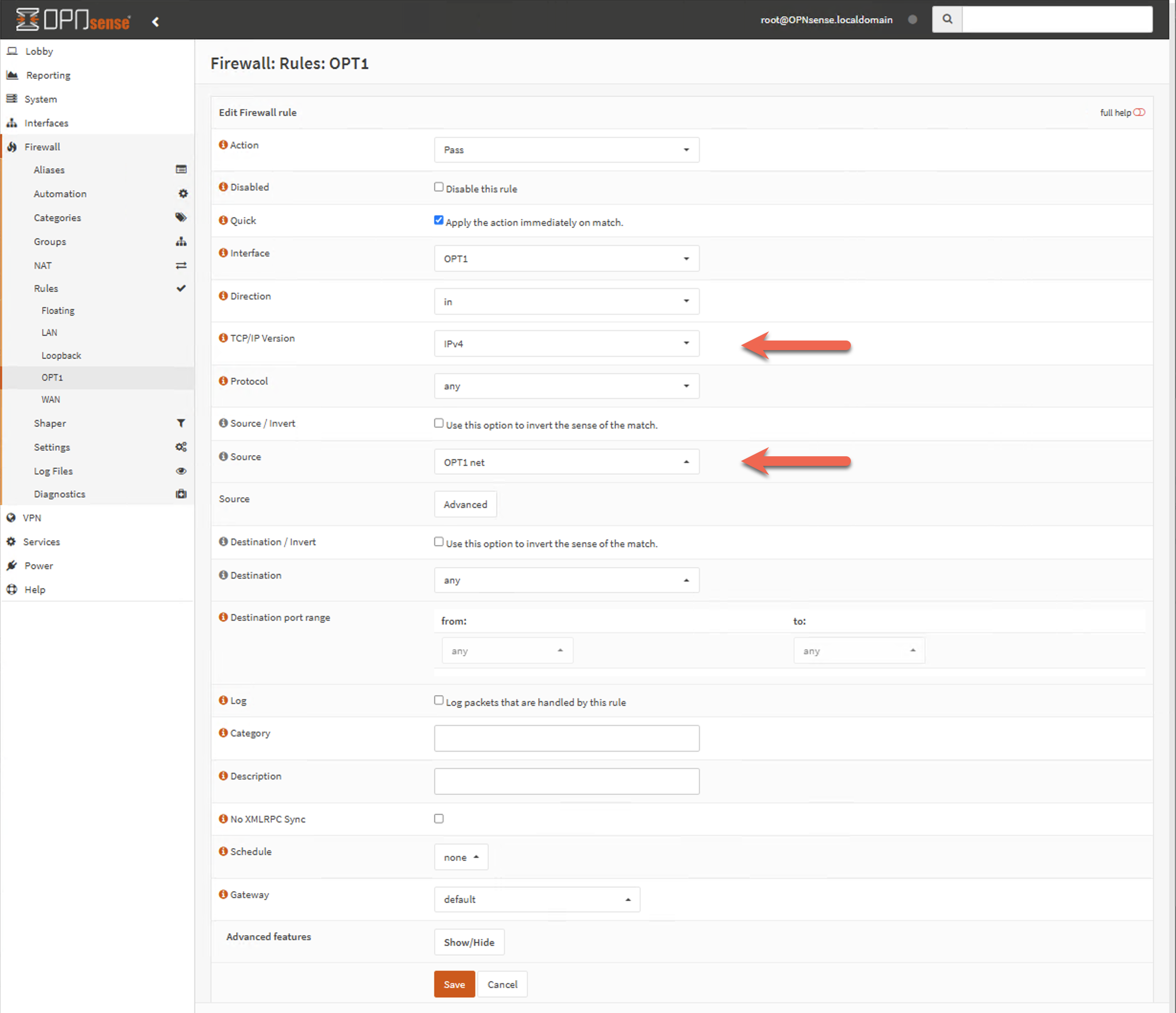 OPNsense - OPT1 Firewall Rule