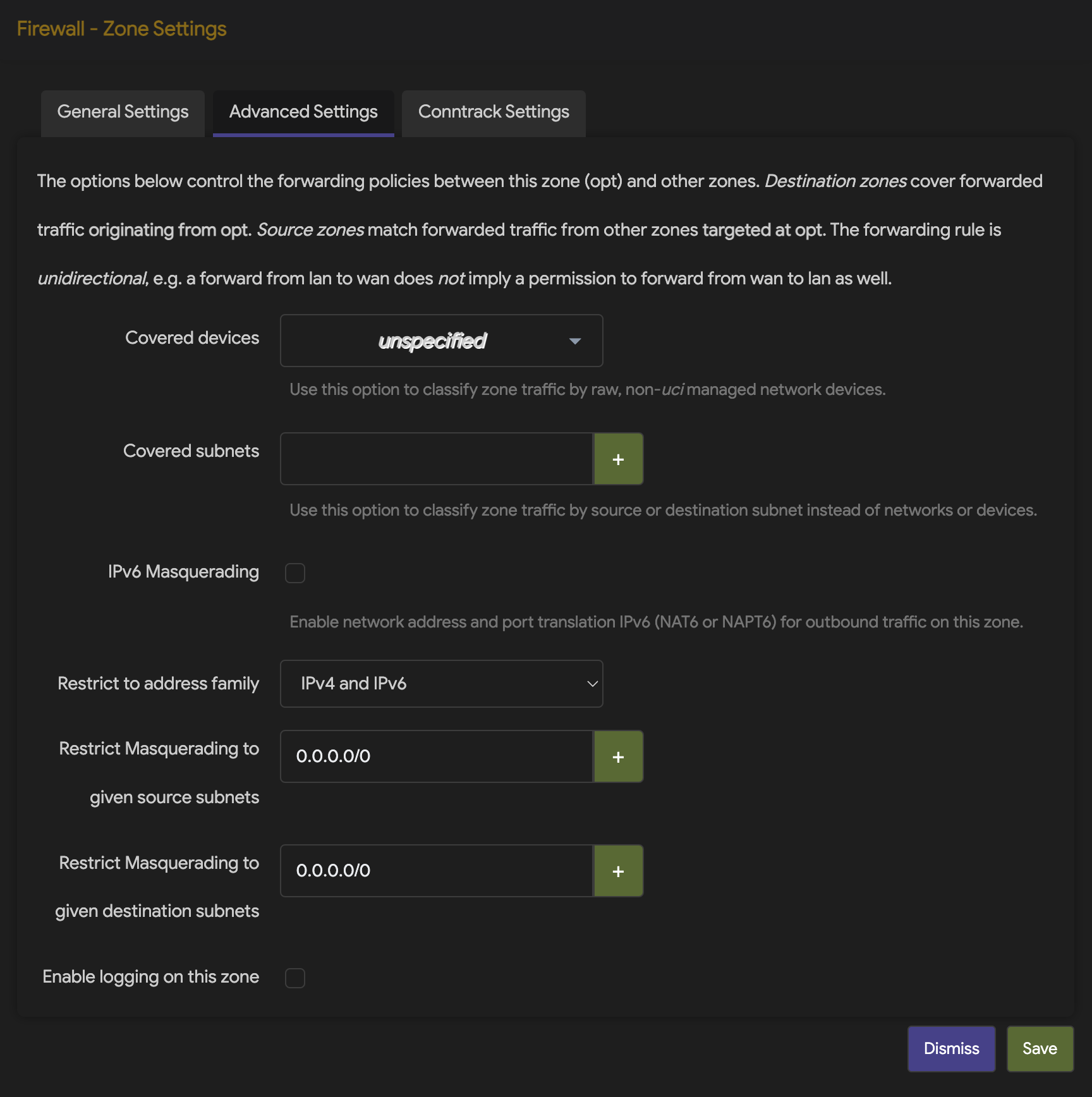 OpenWRT - Firewall Zone Advanced Settings