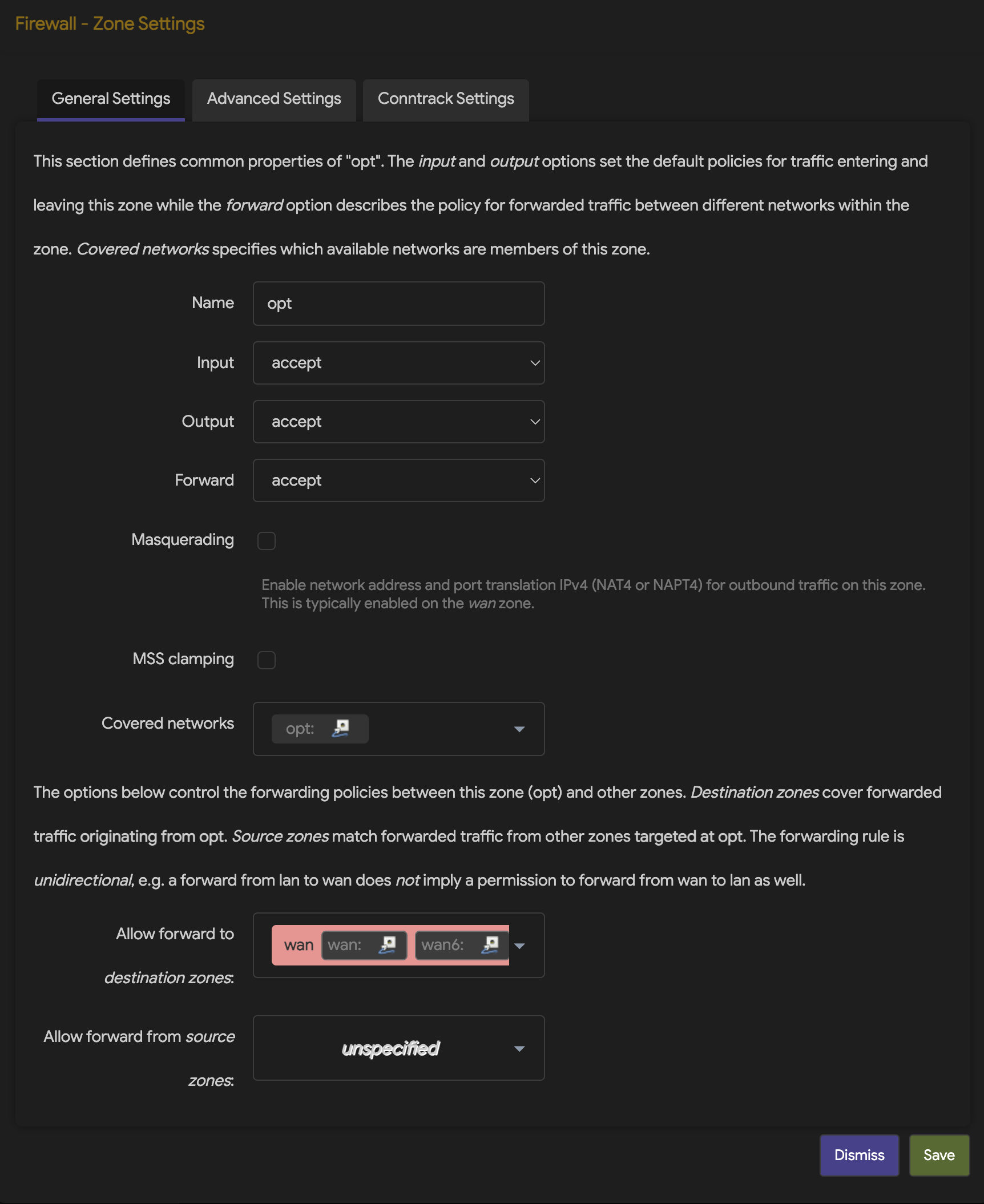 OpenWRT - Firewall Zone General Settings