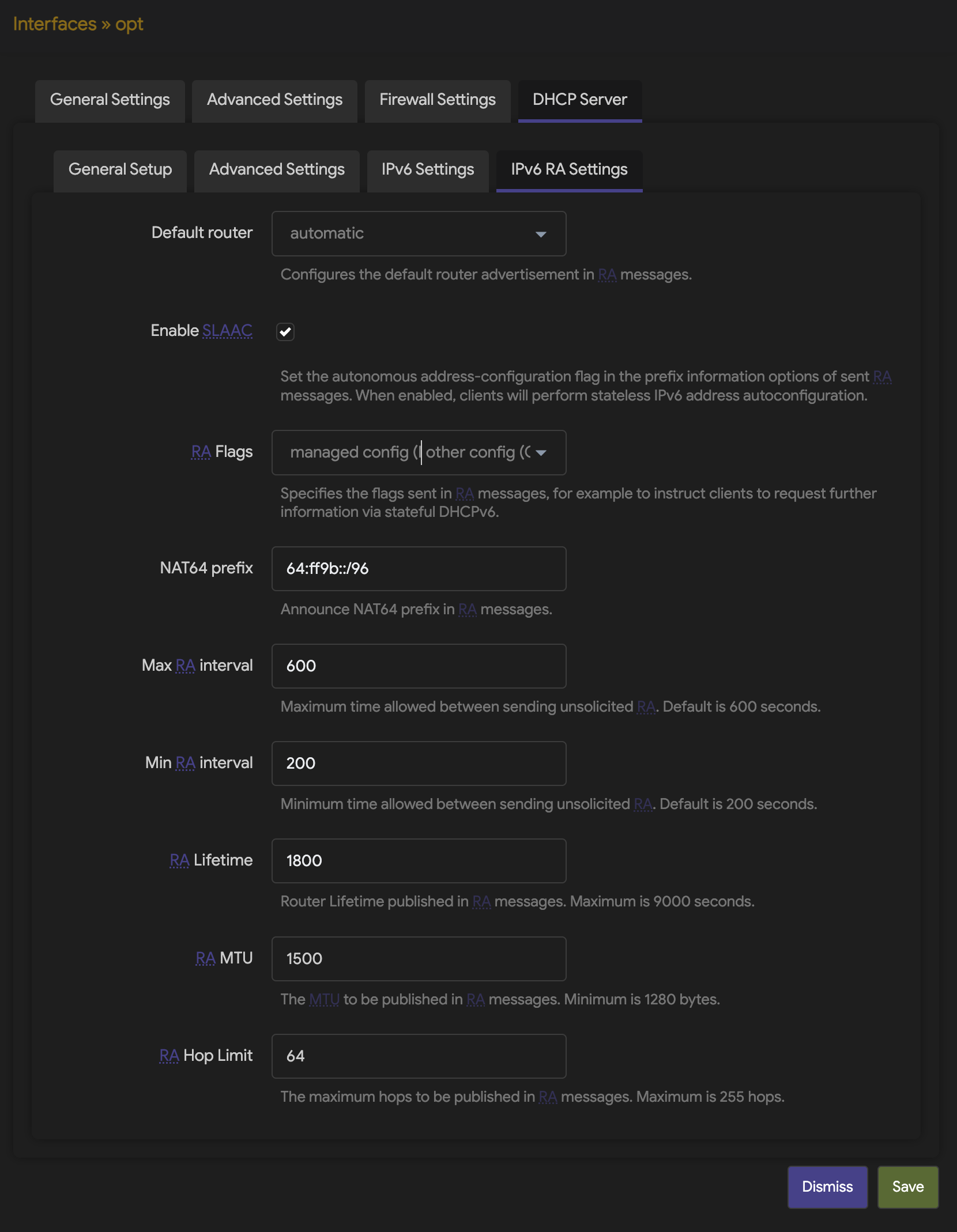 OpenWRT - OPT DHCP Server IPv6 RA Settings