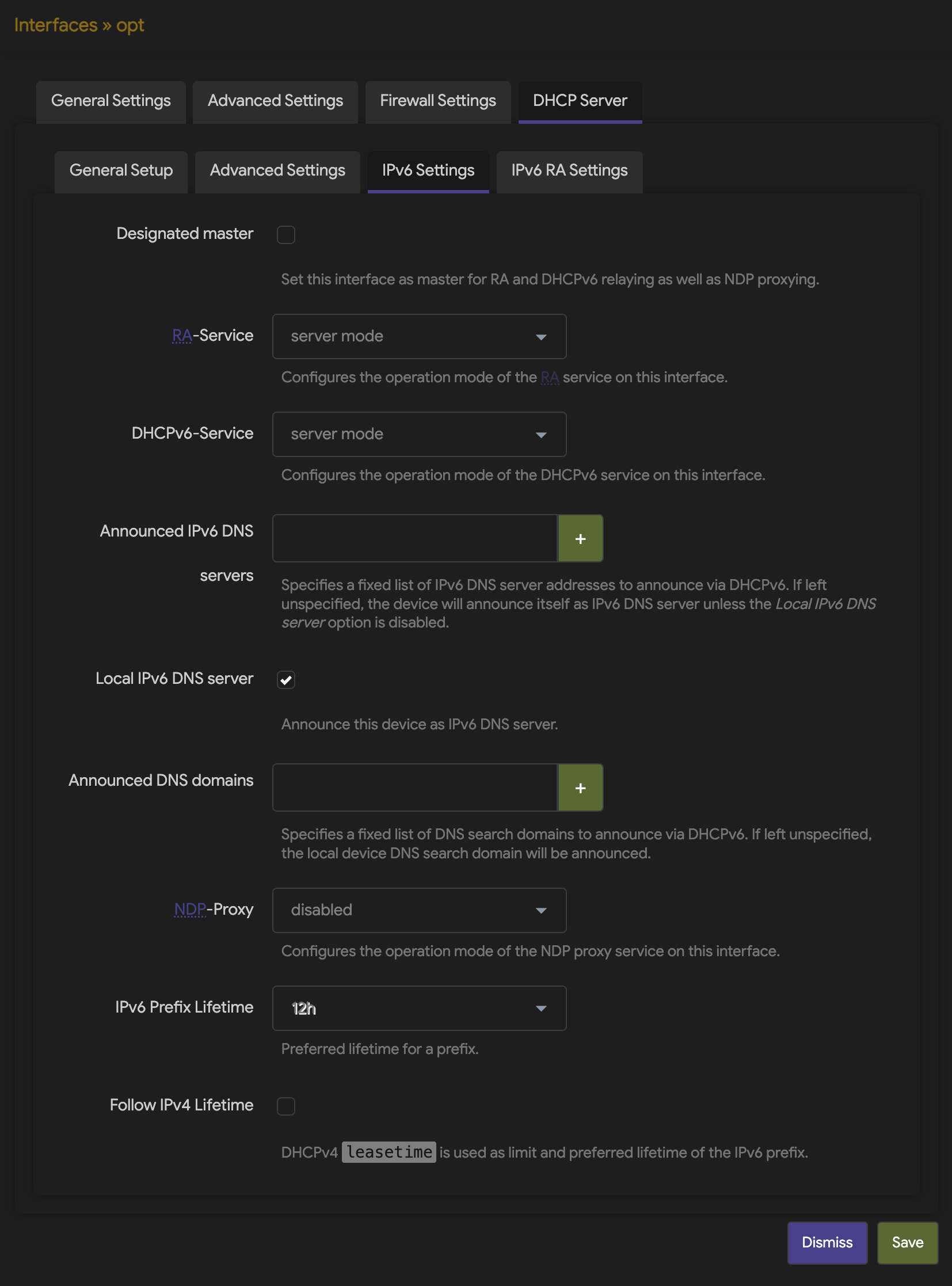 OpenWRT - OPT DHCP Server IPv6 Settings