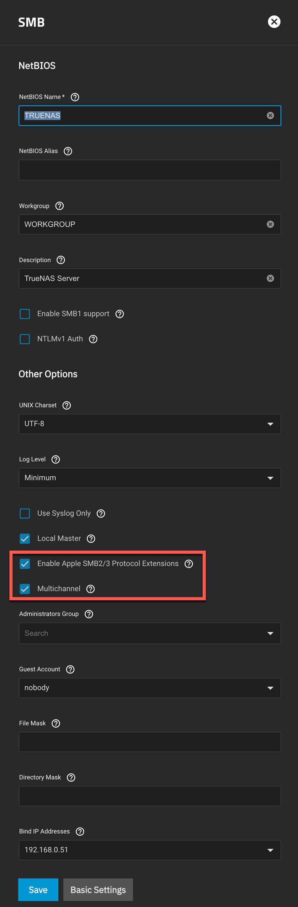 TrueNAS - SMB Settings