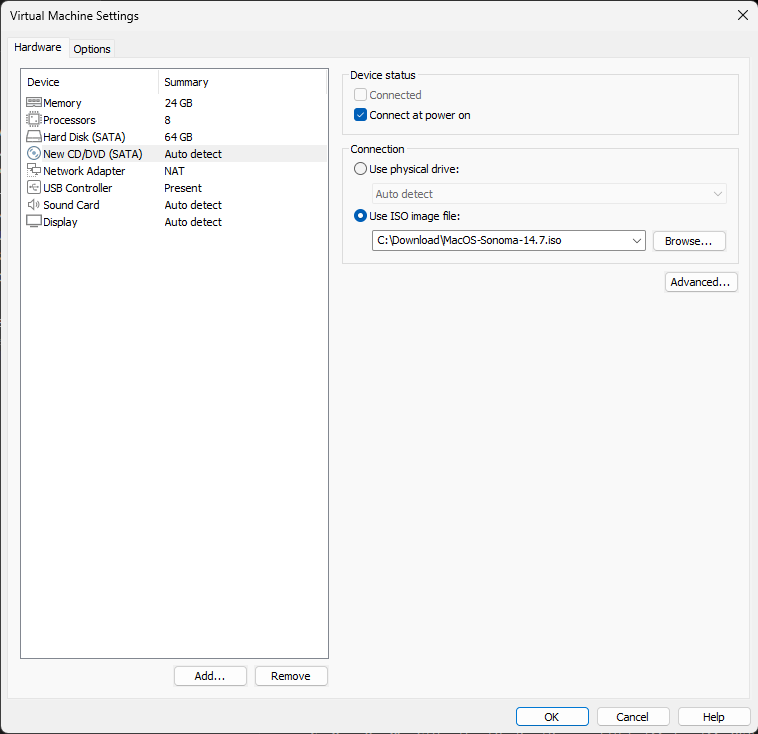 VMware - MacOS Sonoma settings